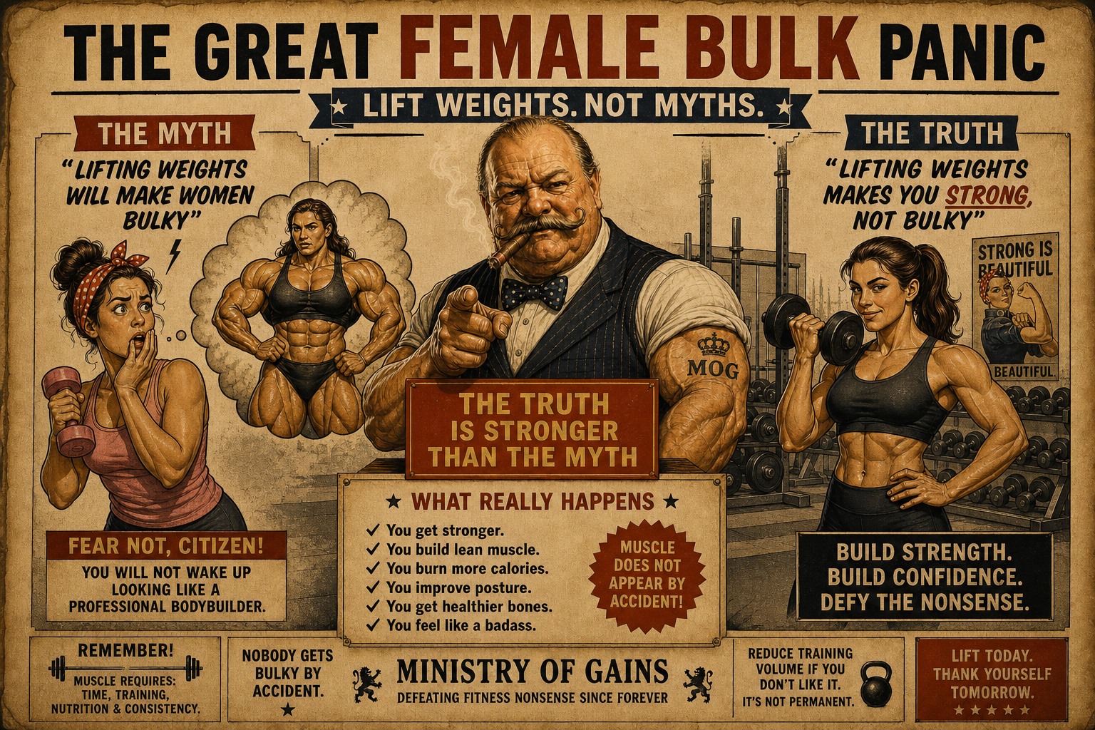 Vintage Ministry poster debunking the myth that lifting weights makes women bulky.