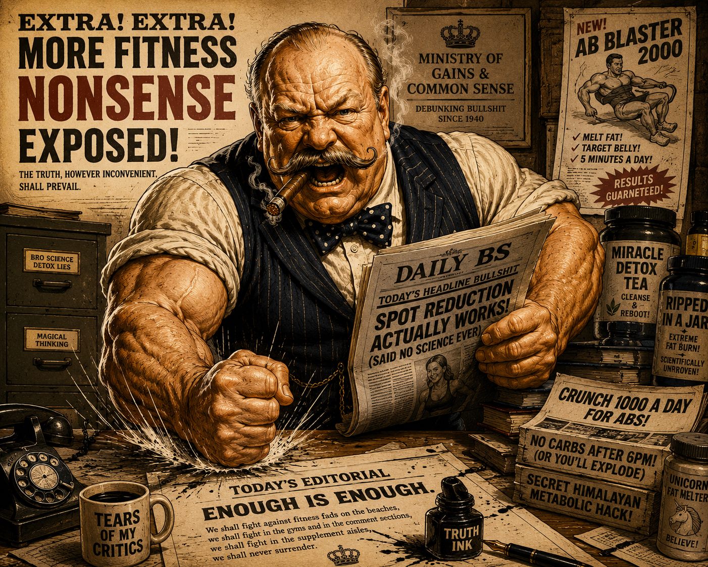 An outraged muscular newspaper editor exposing fitness nonsense.