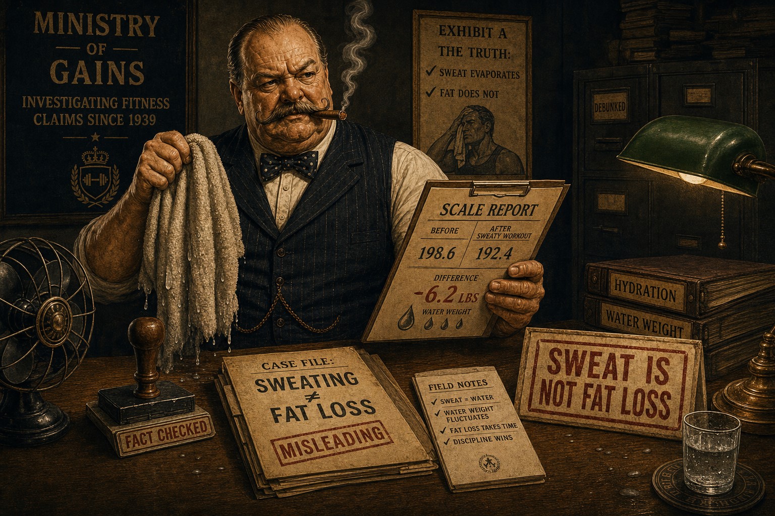 Vintage Ministry report showing Winston debunking sweat as fat loss.
